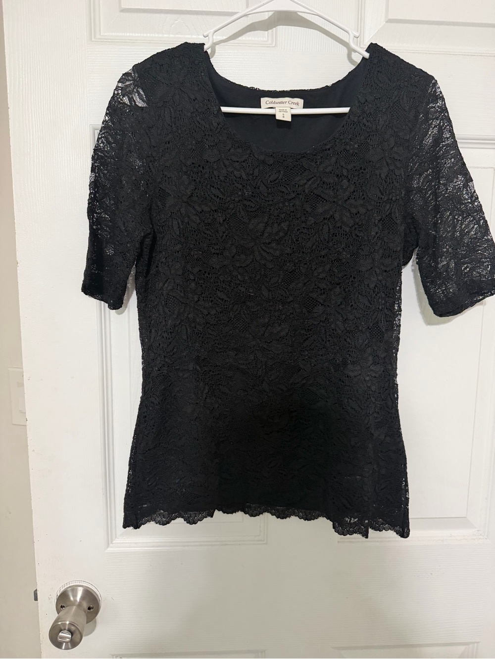 Coldwater Creek Black Floral Lace Elbow-Sleeve Top